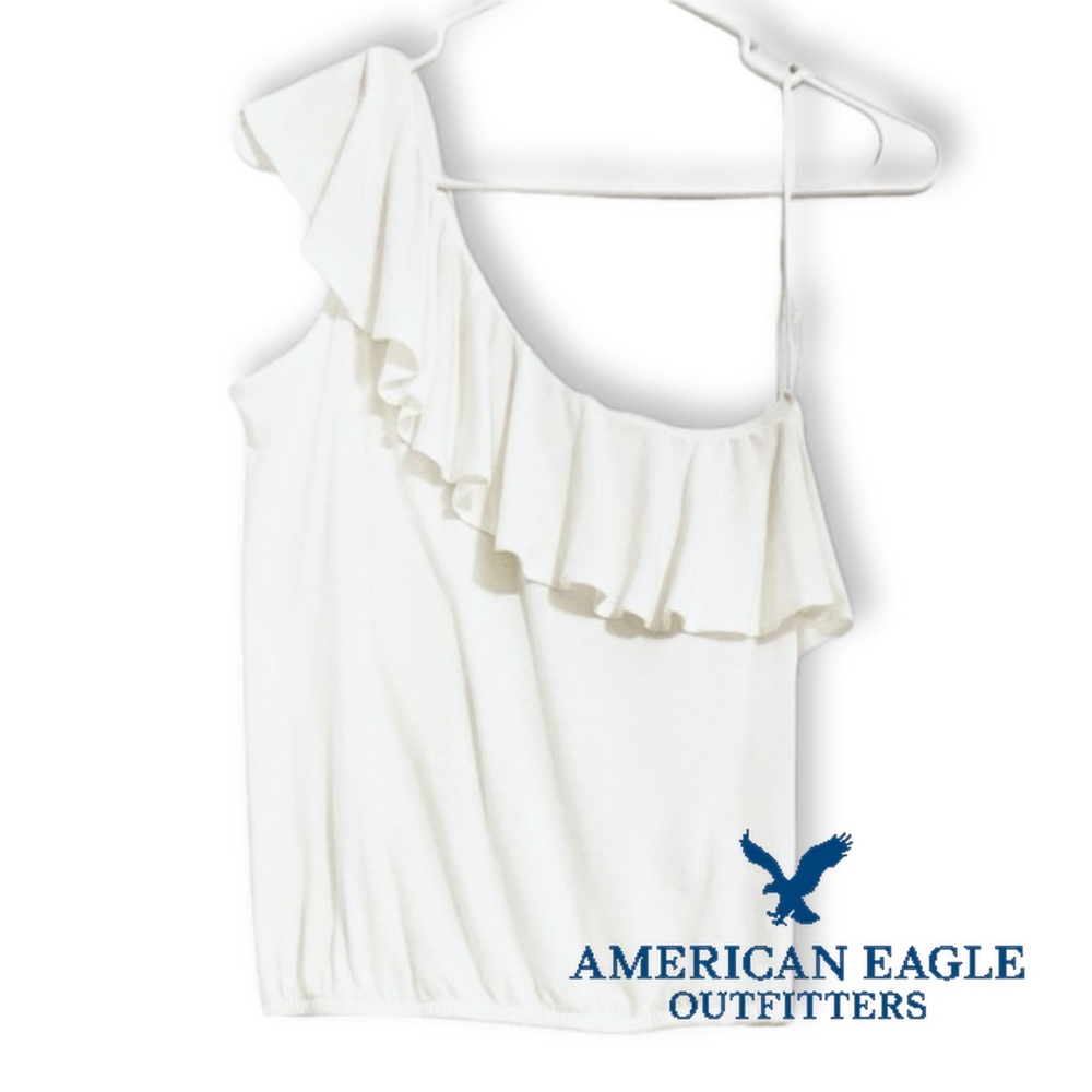 Elegant White One-Shoulder American Eagle Outfitters Ruffle Top. Size small